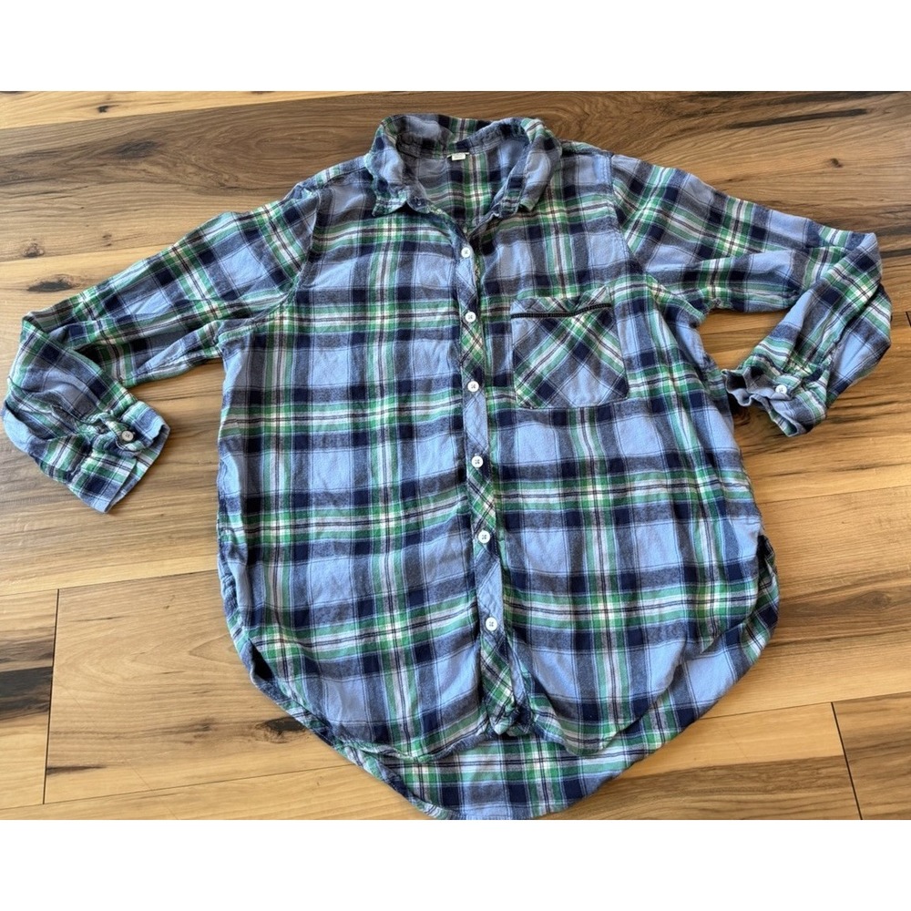 Aerie Plaid Flannel Shirt Womens M Blue Green 100% Cotton Oversized Button Down